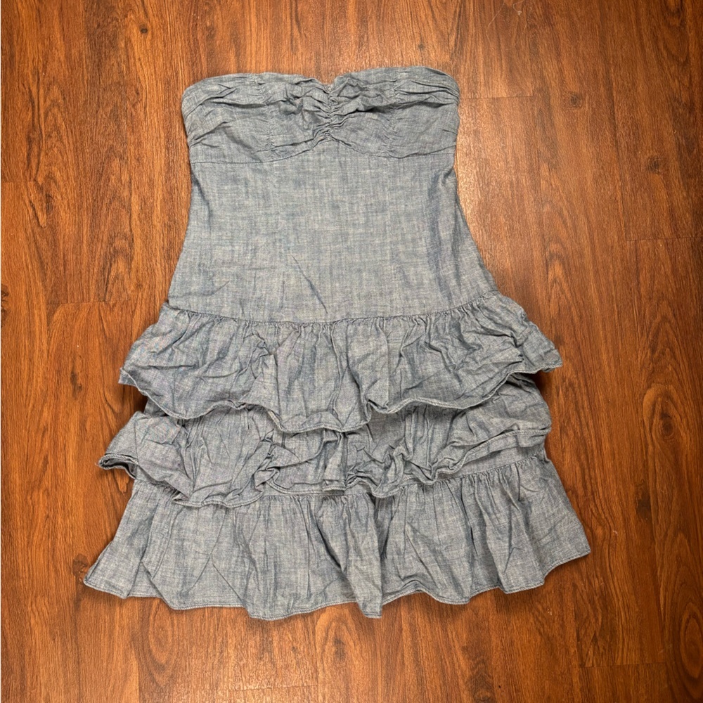 Express Strapless Blue Gray Ruffle Dress